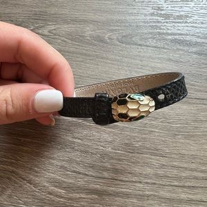 BULGARI black leather bracelet with gold, black green serprent head